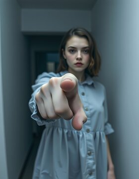 The dramatic pose of a woman reaching out her hand to point toward a hallway inside the home. The wide angle and focused focus convey the job poster's theme of need, responsibility, and urgency.