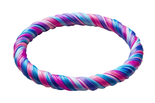Colorful hula hoop designed for fitness and fun, featuring a twisted pattern of vibrant pink and blue tones, suitable for exercise or leisure activities