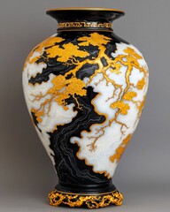 Elegant Black and Gold Vase with Intricate Cherry Blossom Design on Marble Finish