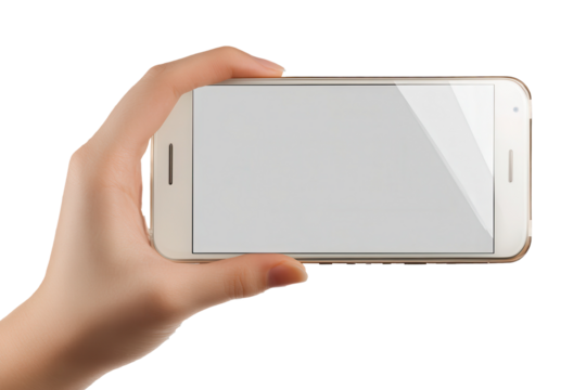 Hand holding a smart phone with a blank screen displayed against a transparent background in a modern context, perfect for showcasing app designs or mobile content