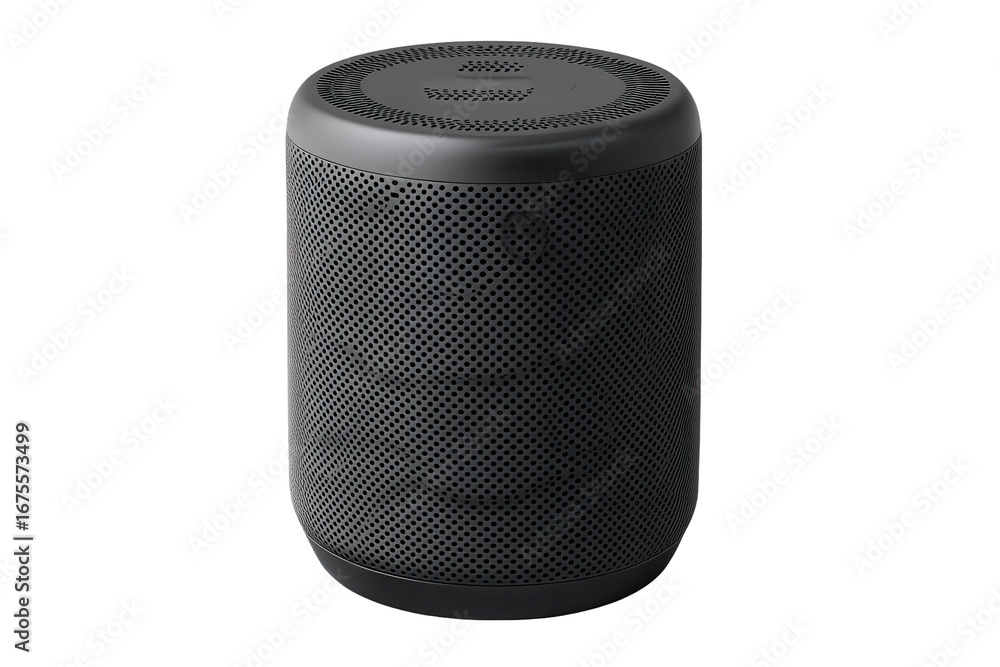 Poster black wireless speaker placed on a flat surface showcasing its compact design and circular top with 