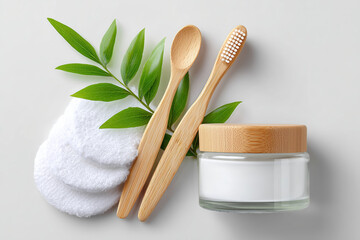 Natural skincare products with bamboo toothbrushes and cotton pads on a light background