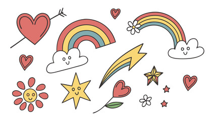 A collection of cute hand drawn doodle elements including hearts pierced by arrows rainbows with smiling clouds shooting stars flowers and stars on a white background