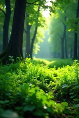 Lush green forest grass carpet, sunlight filtering through leaves, creating dappled shadows and textures Perfect for nature, environmental, and background uses , rural, nature
