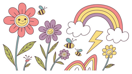 Obraz premium Cute cartoon smiling flowers with bees rainbows clouds and a lightning bolt in a whimsical doodle style
