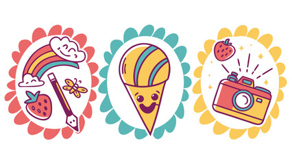 Three adorable doodle circles featuring a rainbow with a strawberry and butterfly a happy ice cream cone and a camera with a strawberry