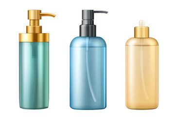 Collection of plastic cosmetic bottles with dispensers in varying designs and colors for personal care and beauty products display