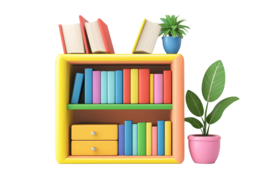 Colorful bookshelf icon featuring books, drawers, and decorative plants in a playful design suitable for various creative projects