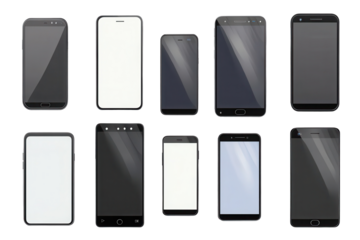 Collection of various smartphones displayed on a transparent background highlighting sleek designs and modern features in a contemporary digital context