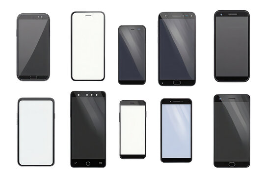 Collection of various smartphones displayed on a transparent background highlighting sleek designs and modern features in a contemporary digital context