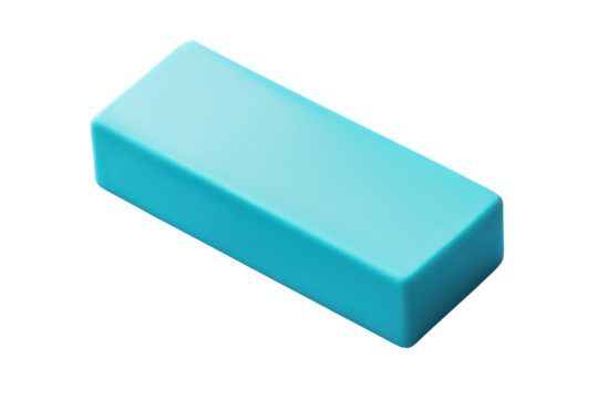 Bright blue eraser viewed from above on a transparent background showcasing its smooth rectangular shape and vibrant color