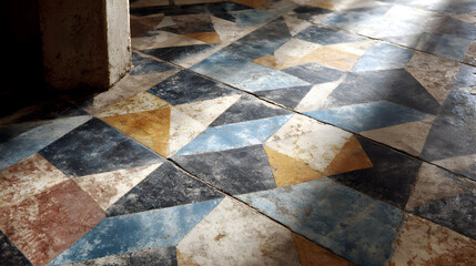 Geometric patterned floor with sunlight casting shadows creating a unique abstract design with natural light and texture