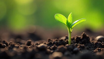 Fototapeta premium Close-up of a tiny green seedling emerging from rich soil, delicate leaves unfurling in sunlight New life, growth, springtime, nature's rebirth captured in detail , healthy, texture, macro