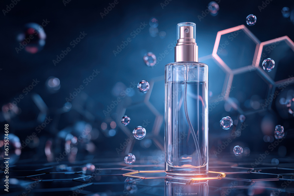Poster sleek transparent spray bottle featuring modern design surrounded by floating bubbles and geometric 
