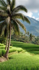 Fototapeta premium Lush green rice terrace with palm trees