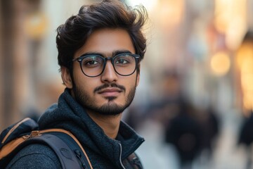 Fototapeta premium Close-up photo of a young Indian male programmer, designer, or freelancer standing outside on the street with a backpack, looking seriously to the side, reflecting focus determination, Generative AI
