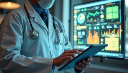 doctor using a digital tablet with AI healthcare Telemedicine technology. Futuristic medical innovation with smart data analysis and neural interface