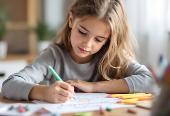 Focused little girl with long hair concentrating on her drawing with colored pencils, enjoying a creative hobby and art education at home