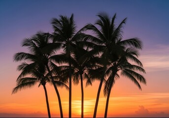 Obraz premium Silhouette of Majestic Palm Trees Against a Vibrant Sunset Sky at Dusk