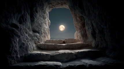 Closeup of Ancient Stone Steps Forming Window Frame with Full Moon and Starry Night Sky
