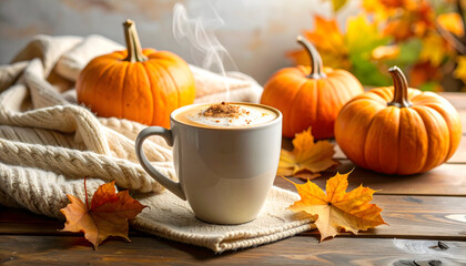 Cozy Autumn Cappuccino with Pumpkins and Fall Leaves