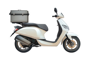 Food delivery scooter parked on a city street with an insulated bag ready for service at dusk