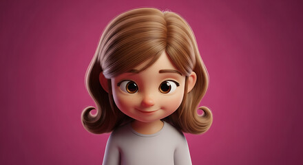 Fototapeta premium Charming 3D cartoon girl with brown hair and a sweet smile on a pink background.
