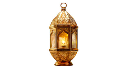 Ornate Gold Lantern with Illuminated Flame on White Background, cut out transparent