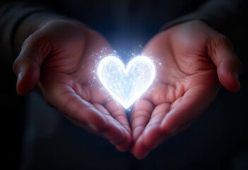 Obraz premium A luminous digital heart glows brightly in cupped hands, symbolizing love, charity, technology, and compassionate giving in the modern world