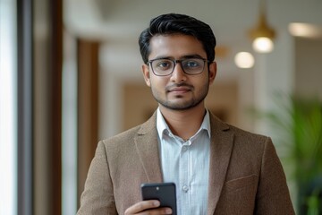 Portrait of a young Indian male manager, office worker standing indoors, using his phone, looking seriously into the camera while engaging in professional tasks, Generative AI