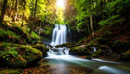 Obraz premium Lush forest waterfall