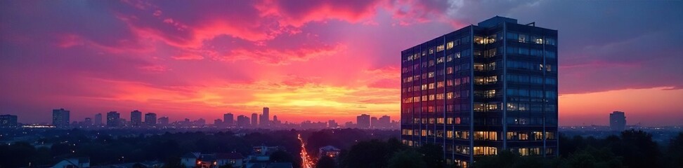 Modern office building silhouetted against a vibrant dusk sky, city lights beginning to twinkle Perfect for corporate, real estate, and architectural projects , office building, glass, real estate