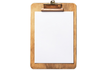 Wooden clipboard holding blank white paper on a clean surface ready for notes or drawings in a bright and organized workspace