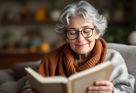 Contented senior woman with a warm smile finding joy and relaxation in reading a book on a comfortable sofa at home
