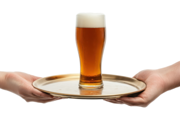 Waiter serves a glass of cold beer on a round tray during a lively evening at a local pub in a cozy neighborhood
