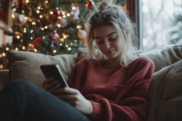 Obraz premium young female student sitting on the sofa near the Christmas tree, texting on her phone and reading the news with a smile, capturing a joyful holiday moment, Generative AI