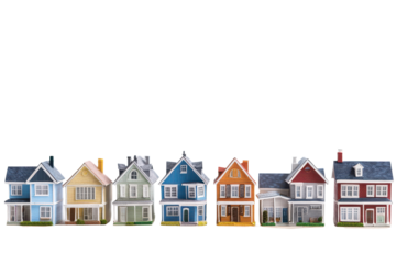 Detailed miniature model houses arranged in a row showcasing diverse architectural styles and vibrant colors in a well-lit indoor setting