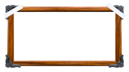 Ornate Wood Picture Frame with Metal Corners and Attached White Paper Strips, cut out transparent