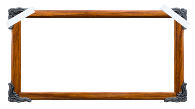 Ornate Wood Picture Frame with Metal Corners and Attached White Paper Strips, cut out transparent