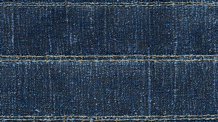 Close up textured background of dark blue denim fabric with visible stitching and woven threads creating a classic casual textile pattern