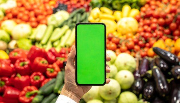 Smartphone with Green Screen in Front of Fresh Produce at Grocery Store.
