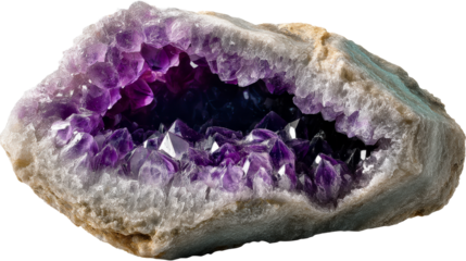 Natural Amethyst Geode Crystal Formation With Violet Quartz Facets, cut out transparent