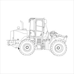 Naklejka premium Tractor line art illustration, Vector line art, Vector drawing of the tractor. The drawing is inspired by a real machine. All lines in the drawing can be edited. The background is blank.