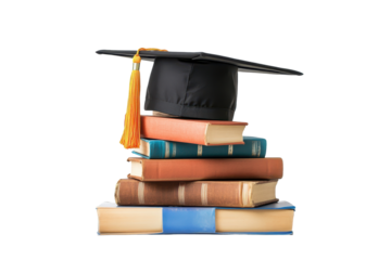 Stacked books with a graduation cap symbolize academic achievement and learning in an educational setting