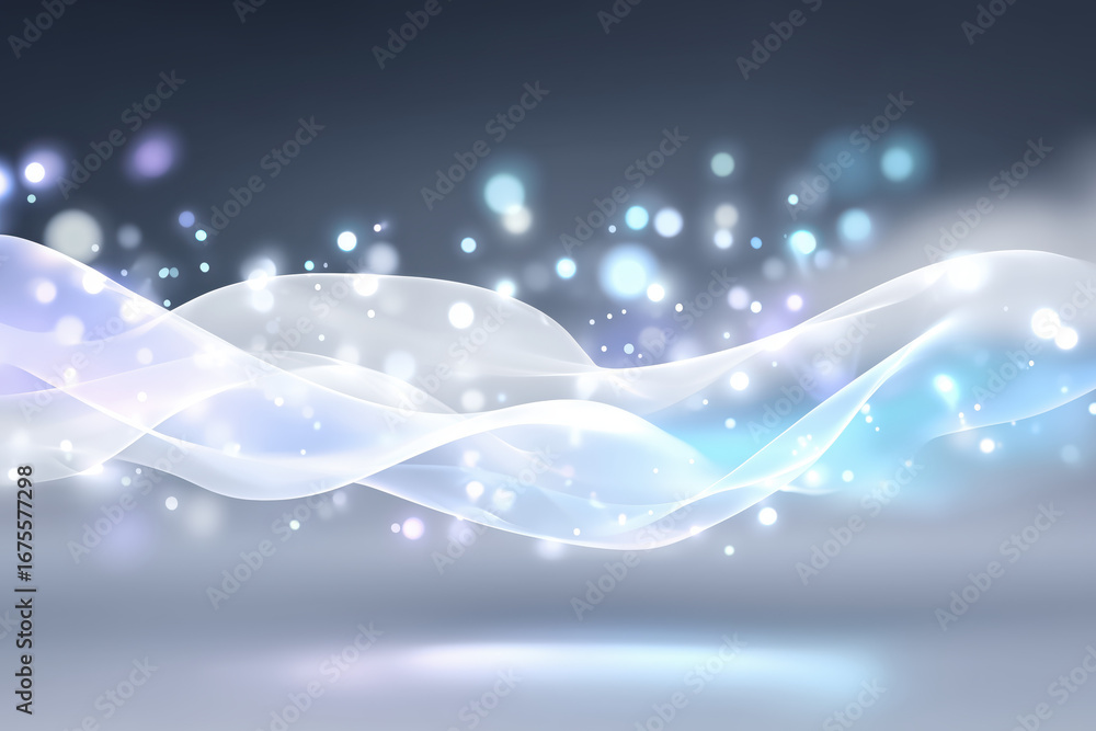 Poster ethereal flowing waves with soft light bokeh and dreamy pastel colors in a serene background