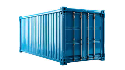 Blue Shipping Container with Corrugated Metal Walls and Latches, cut out transparent