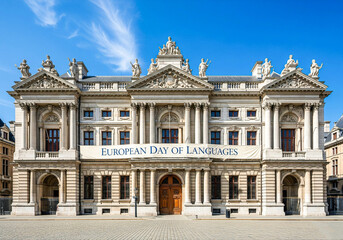 Obraz premium European Day of Languages banner on classical building, AI generated illustration