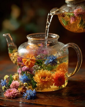 Refreshing herbal tea infusion with colorful edible flowers cozy kitchen still life warm light aromatic experience