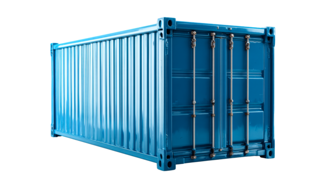 Blue Shipping Container with Corrugated Metal Walls and Latches, cut out transparent