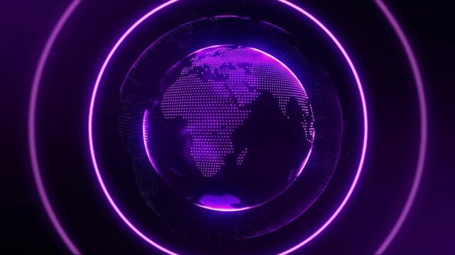 Abstract Purple Globe Rotating with Concentric Neon Rings in Dark Background For Global Communication and Technology Presentation